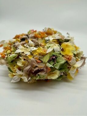 Vintage 1960s Pill Box Floral “Flower Bomb” hat from the 1950s. Mid Century Boho